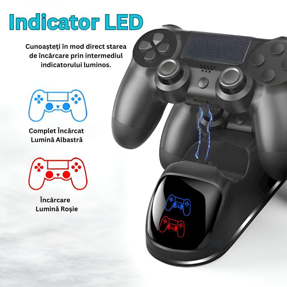 Stand de Incarcare Dubla, 2 x Controller, Indicator LED Display, Compatibilitate PlayStation PS4, Slim, Pro, Incarca Simultan Doua Manete, Antiderapant, Port USB, Negru