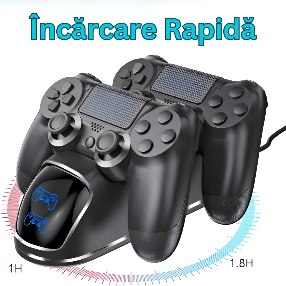 Stand de Incarcare Dubla, 2 x Controller, Indicator LED Display, Compatibilitate PlayStation PS4, Slim, Pro, Incarca Simultan Doua Manete, Antiderapant, Port USB, Negru