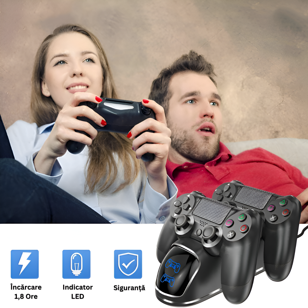 Stand de Incarcare Dubla, 2 x Controller, Indicator LED Display, Compatibilitate PlayStation PS4, Slim, Pro, Incarca Simultan Doua Manete, Antiderapant, Port USB, Negru