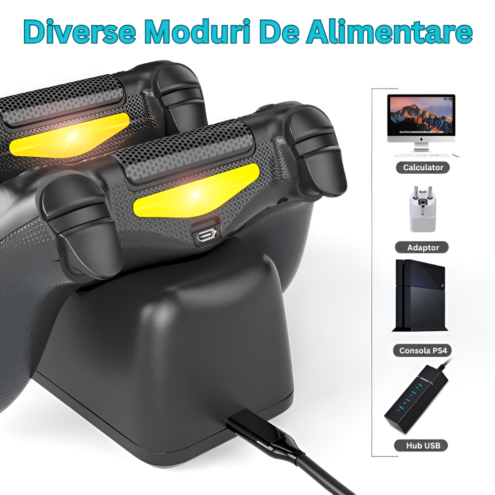 Stand de Incarcare Dubla, 2 x Controller, Indicator LED Display, Compatibilitate PlayStation PS4, Slim, Pro, Incarca Simultan Doua Manete, Antiderapant, Port USB, Negru