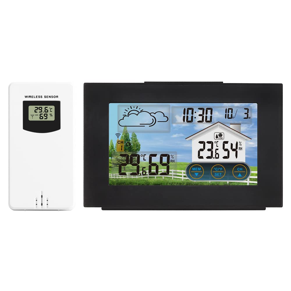 Statie Meteo Wireless cu Senzor Exterior, Masurare Temperatura si Umiditate Interioara/Exterioara, Prognoza Meteo, Calendar, Ora, Ceas cu Alarma, Display LCD, Ecran Tactil, Iluminare Fundal in 4 Trepte, Cablu USB Inclus, Raza 60 m, Negru