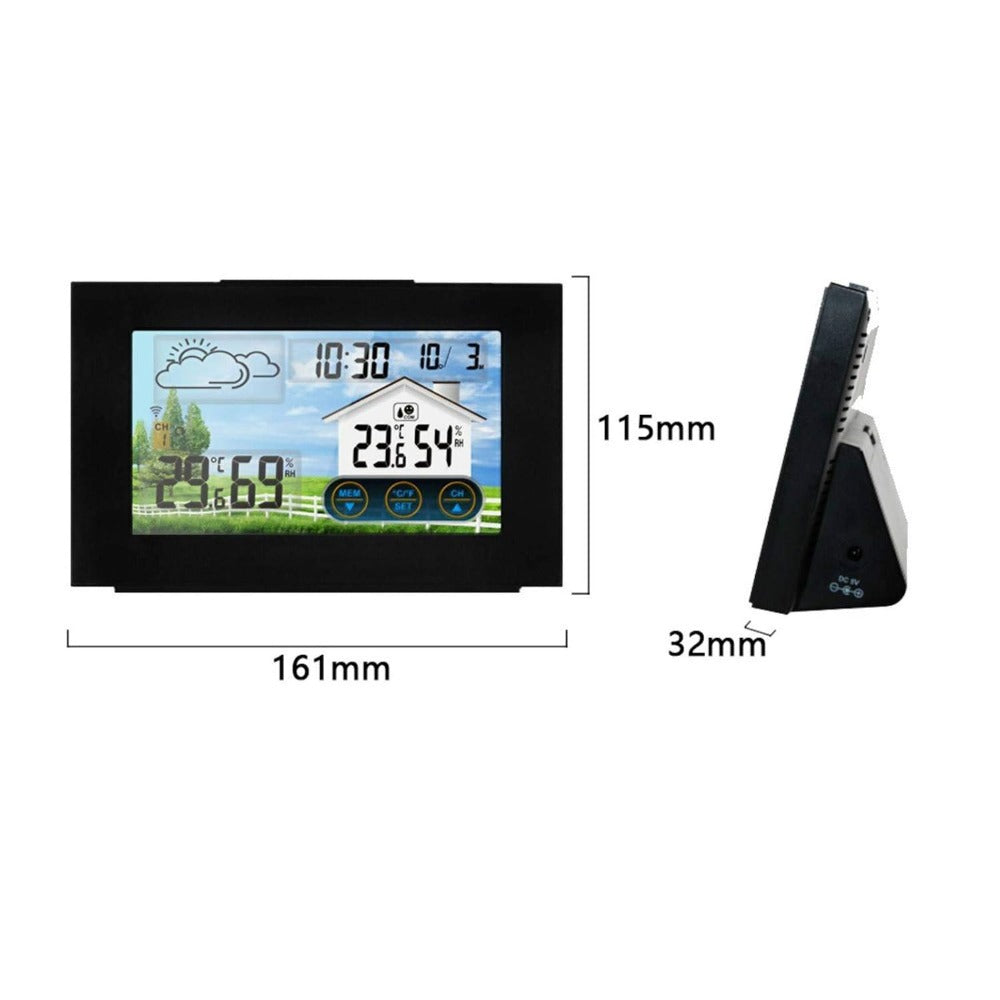 Statie Meteo Wireless cu Senzor Exterior, Masurare Temperatura si Umiditate Interioara/Exterioara, Prognoza Meteo, Calendar, Ora, Ceas cu Alarma, Display LCD, Ecran Tactil, Iluminare Fundal in 4 Trepte, Cablu USB Inclus, Raza 60 m, Negru