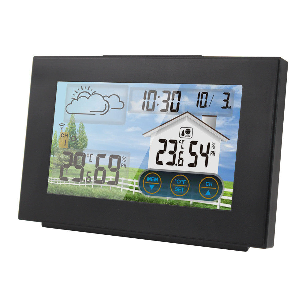 Statie Meteo Wireless cu Senzor Exterior, Masurare Temperatura si Umiditate Interioara/Exterioara, Prognoza Meteo, Calendar, Ora, Ceas cu Alarma, Display LCD, Ecran Tactil, Iluminare Fundal in 4 Trepte, Cablu USB Inclus, Raza 60 m, Negru
