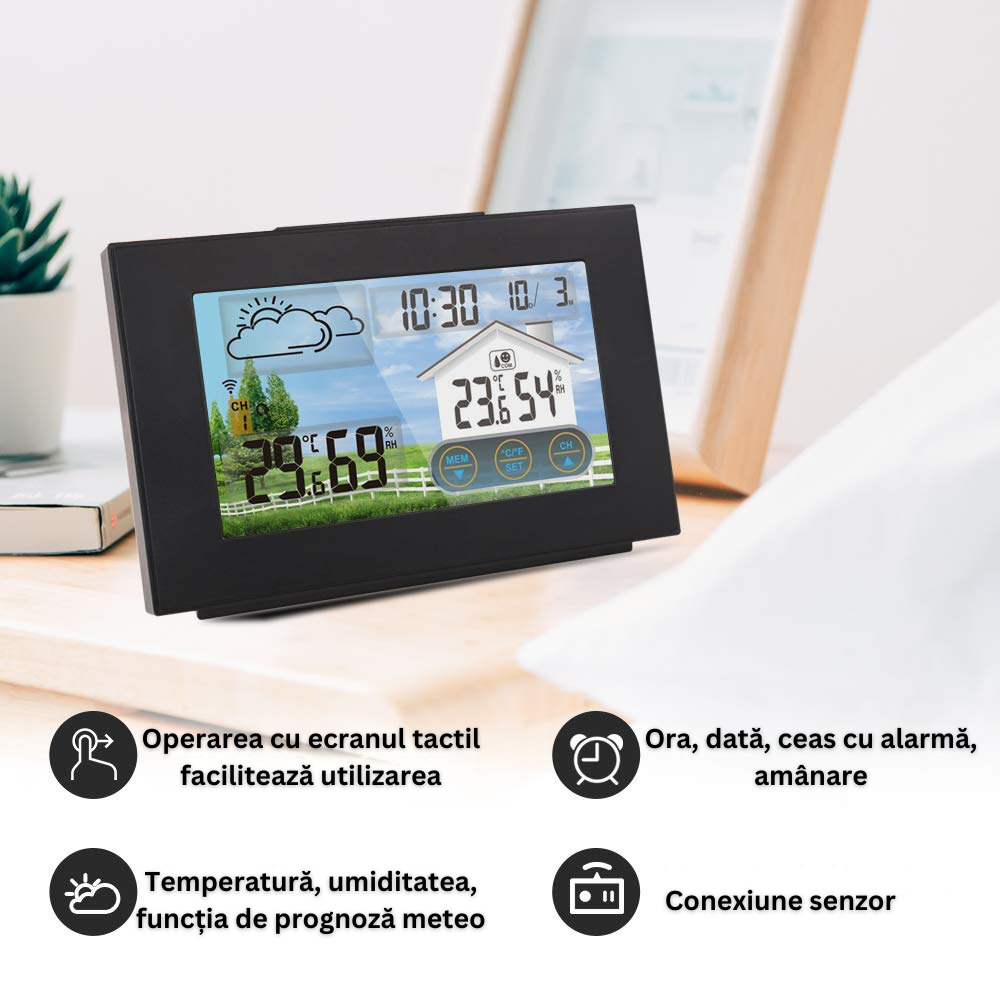 Statie Meteo Wireless cu Senzor Exterior, Masurare Temperatura si Umiditate Interioara/Exterioara, Prognoza Meteo, Calendar, Ora, Ceas cu Alarma, Display LCD, Ecran Tactil, Iluminare Fundal in 4 Trepte, Cablu USB Inclus, Raza 60 m, Negru