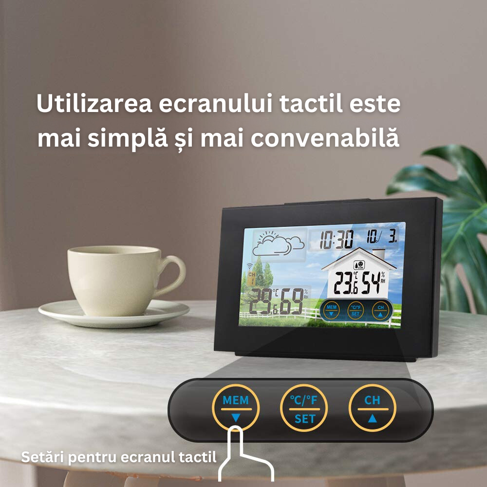 Statie Meteo Wireless cu Senzor Exterior, Masurare Temperatura si Umiditate Interioara/Exterioara, Prognoza Meteo, Calendar, Ora, Ceas cu Alarma, Display LCD, Ecran Tactil, Iluminare Fundal in 4 Trepte, Cablu USB Inclus, Raza 60 m, Negru