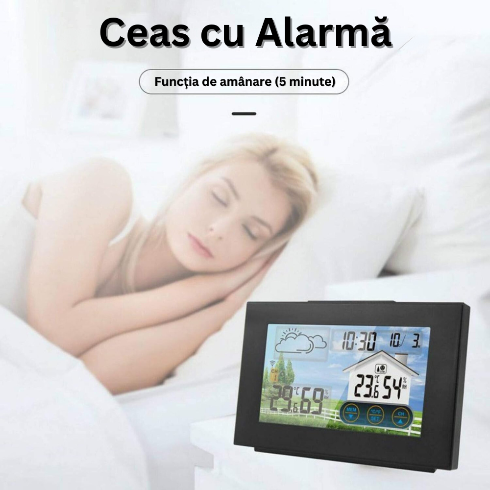 Statie Meteo Wireless cu Senzor Exterior, Masurare Temperatura si Umiditate Interioara/Exterioara, Prognoza Meteo, Calendar, Ora, Ceas cu Alarma, Display LCD, Ecran Tactil, Iluminare Fundal in 4 Trepte, Cablu USB Inclus, Raza 60 m, Negru