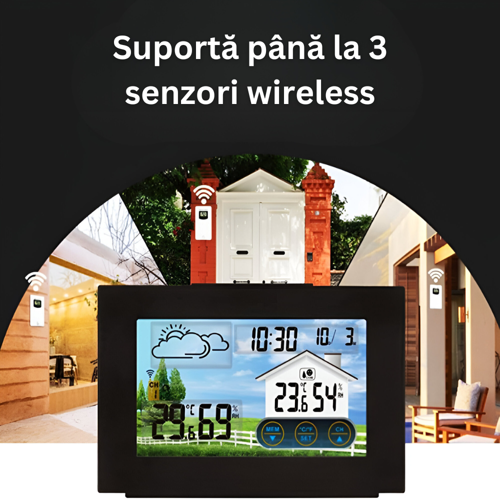 Statie Meteo Wireless cu Senzor Exterior, Masurare Temperatura si Umiditate Interioara/Exterioara, Prognoza Meteo, Calendar, Ora, Ceas cu Alarma, Display LCD, Ecran Tactil, Iluminare Fundal in 4 Trepte, Cablu USB Inclus, Raza 60 m, Negru