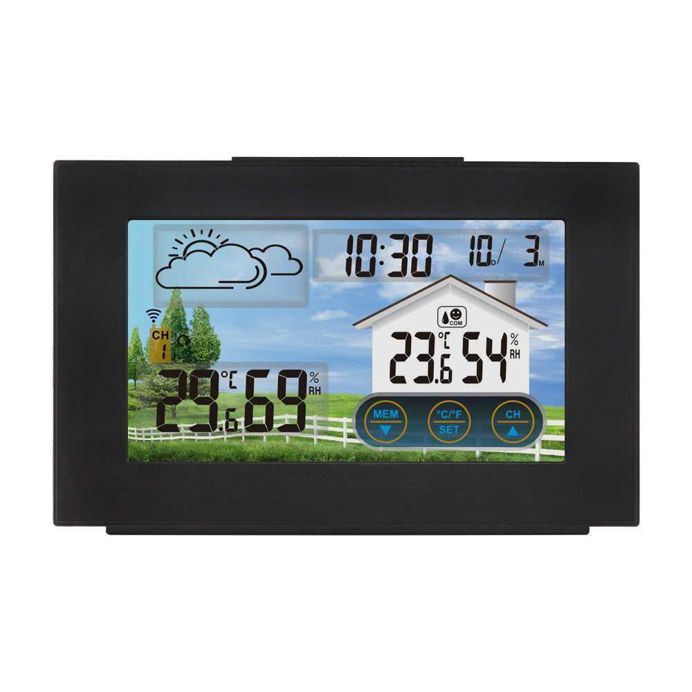 Statie Meteo Wireless cu Senzor Exterior, Masurare Temperatura si Umiditate Interioara/Exterioara, Prognoza Meteo, Calendar, Ora, Ceas cu Alarma, Display LCD, Ecran Tactil, Iluminare Fundal in 4 Trepte, Cablu USB Inclus, Raza 60 m, Negru