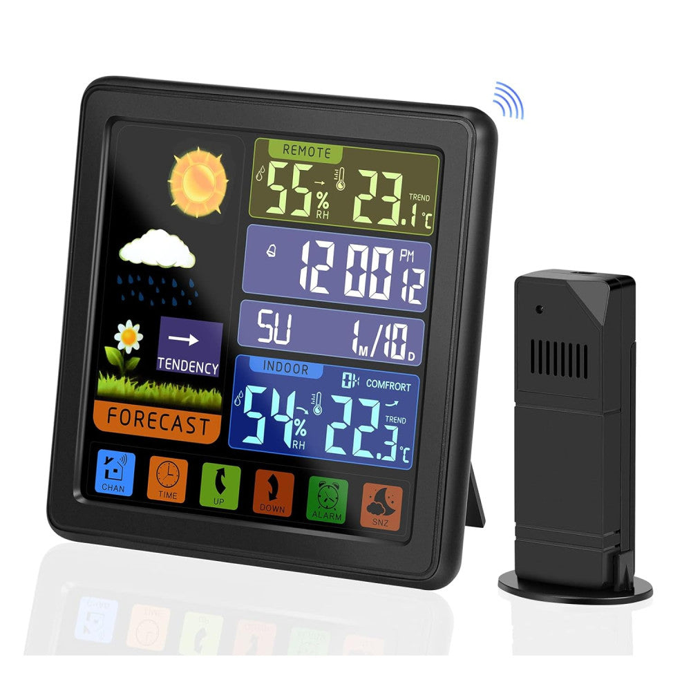 Statie Meteo Wireless cu Senzor Exterior, Display LCD, Ecran Tactil, Masurare Temperatura si Umiditate Interioara/Exterioara, Prognoza Meteo, Calendar, Ora, Ceas cu Alarma, Iluminare Fundal, Blocare Ecran, Cablu USB Inclus, Raza 100 m, Negru