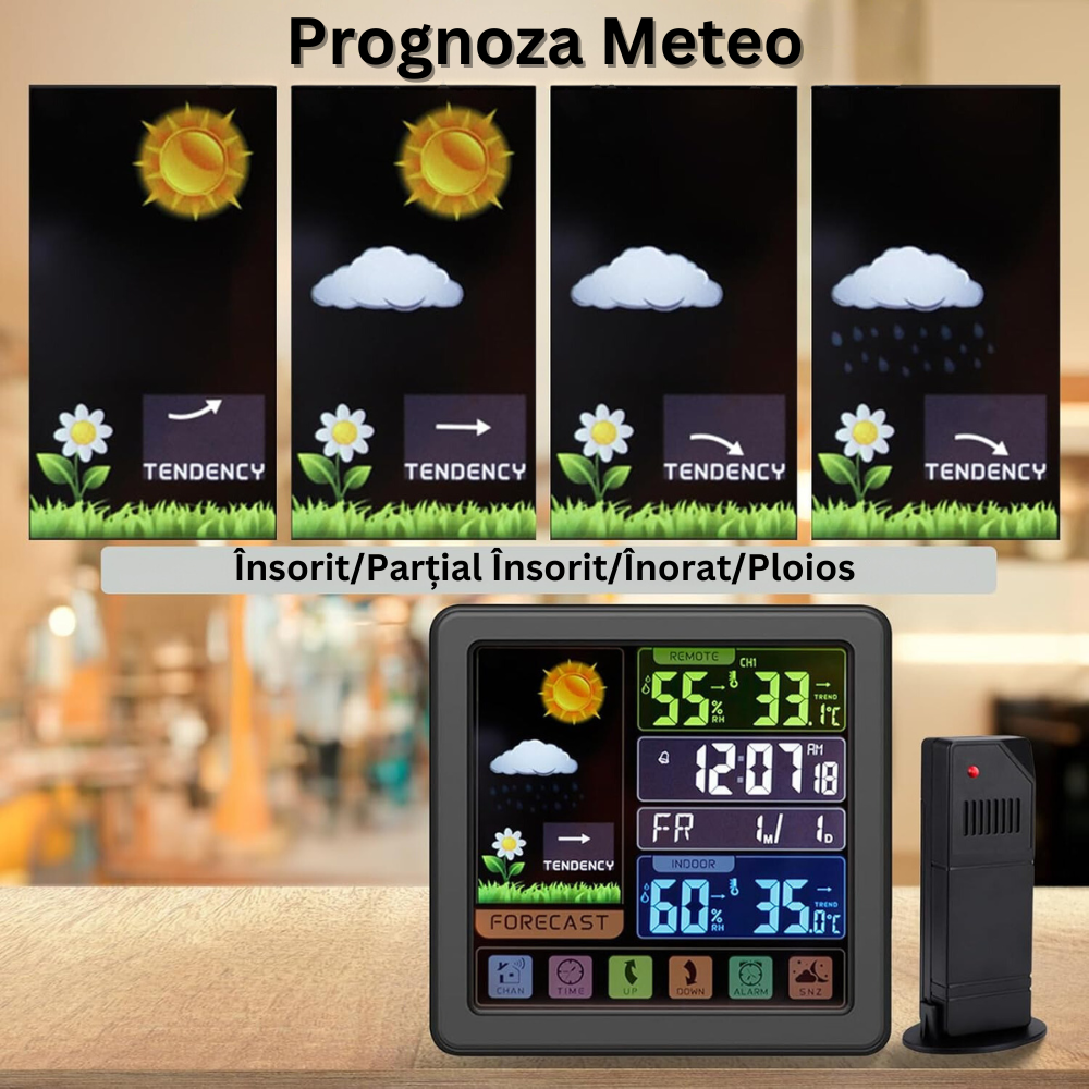 Statie Meteo Wireless cu Senzor Exterior, Display LCD, Ecran Tactil, Masurare Temperatura si Umiditate Interioara/Exterioara, Prognoza Meteo, Calendar, Ora, Ceas cu Alarma, Iluminare Fundal, Blocare Ecran, Cablu USB Inclus, Raza 100 m, Negru
