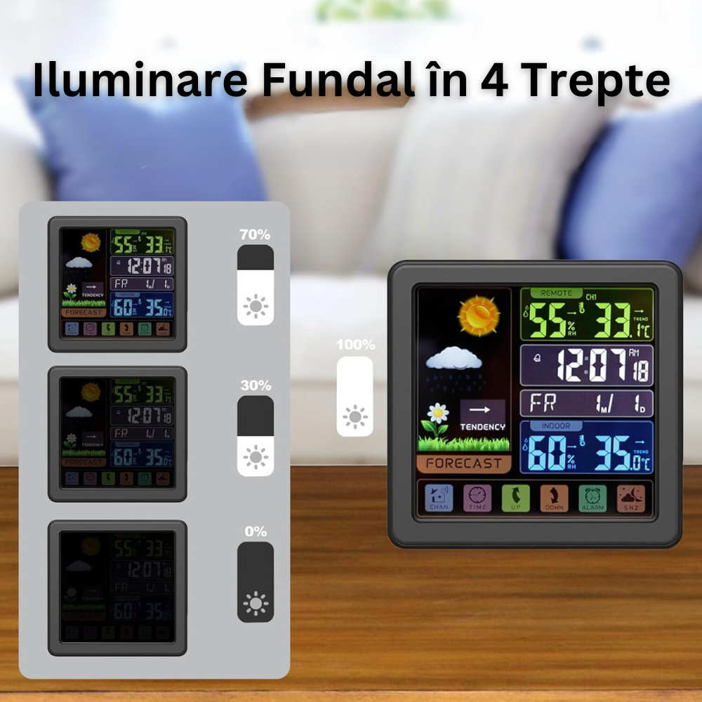 Statie Meteo Wireless cu Senzor Exterior, Display LCD, Ecran Tactil, Masurare Temperatura si Umiditate Interioara/Exterioara, Prognoza Meteo, Calendar, Ora, Ceas cu Alarma, Iluminare Fundal, Blocare Ecran, Cablu USB Inclus, Raza 100 m, Negru