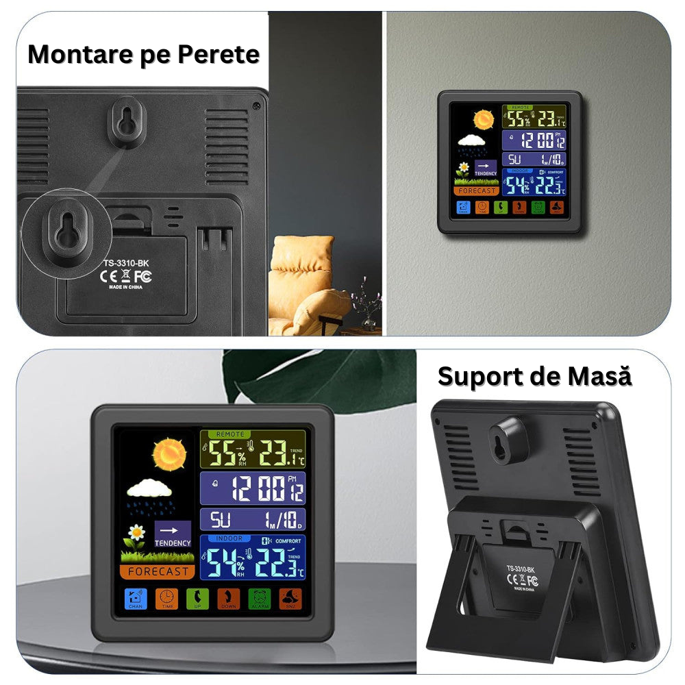 Statie Meteo Wireless cu Senzor Exterior, Display LCD, Ecran Tactil, Masurare Temperatura si Umiditate Interioara/Exterioara, Prognoza Meteo, Calendar, Ora, Ceas cu Alarma, Iluminare Fundal, Blocare Ecran, Cablu USB Inclus, Raza 100 m, Negru