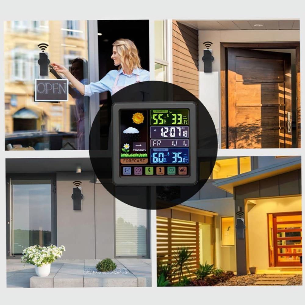 Statie Meteo Wireless cu Senzor Exterior, Display LCD, Ecran Tactil, Masurare Temperatura si Umiditate Interioara/Exterioara, Prognoza Meteo, Calendar, Ora, Ceas cu Alarma, Iluminare Fundal, Blocare Ecran, Cablu USB Inclus, Raza 100 m, Negru