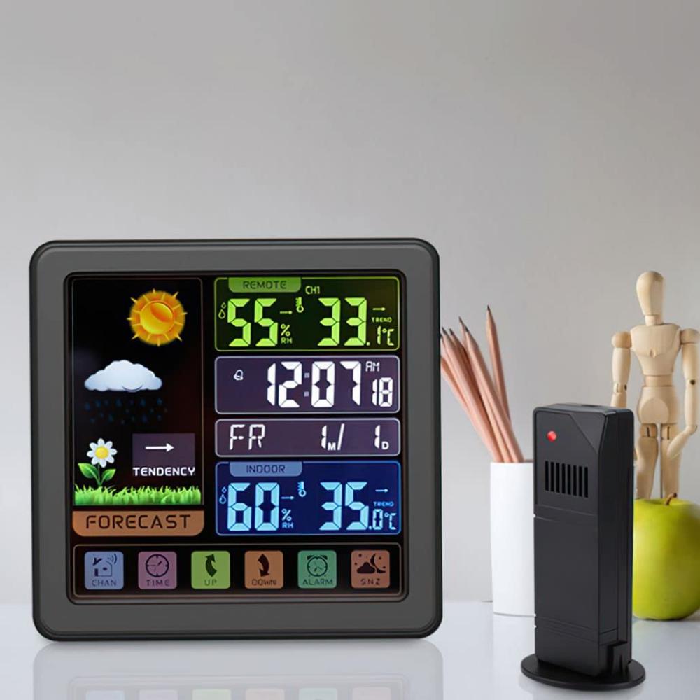 Statie Meteo Wireless cu Senzor Exterior, Display LCD, Ecran Tactil, Masurare Temperatura si Umiditate Interioara/Exterioara, Prognoza Meteo, Calendar, Ora, Ceas cu Alarma, Iluminare Fundal, Blocare Ecran, Cablu USB Inclus, Raza 100 m, Negru