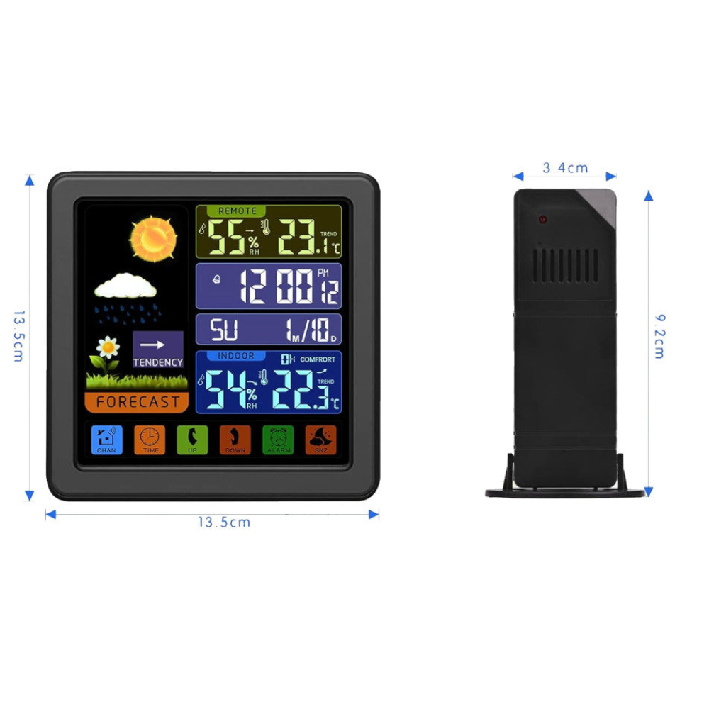 Statie Meteo Wireless cu Senzor Exterior, Display LCD, Ecran Tactil, Masurare Temperatura si Umiditate Interioara/Exterioara, Prognoza Meteo, Calendar, Ora, Ceas cu Alarma, Iluminare Fundal, Blocare Ecran, Cablu USB Inclus, Raza 100 m, Negru