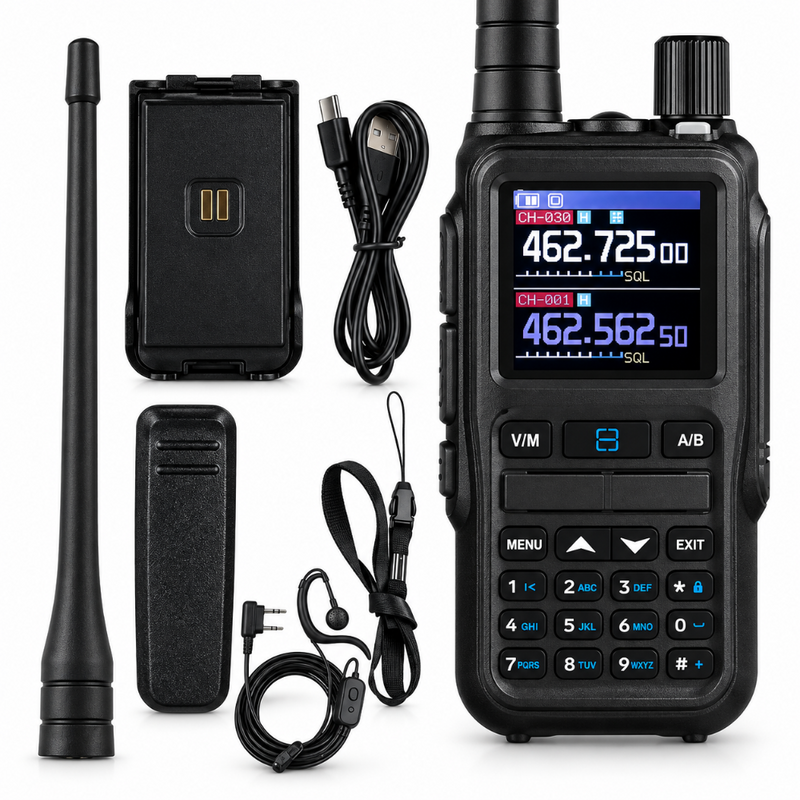 Statie Radio Portabila Emisie Receptie, Raza Comunicare 20km, 999 Canale, Afisaj 1.44", Canal Meteo NOAA, Baterie Reincarcabila 1600 mAh, Lanterna LED, Radio FM, Afisare Doua Frecvente, Casca, Negru