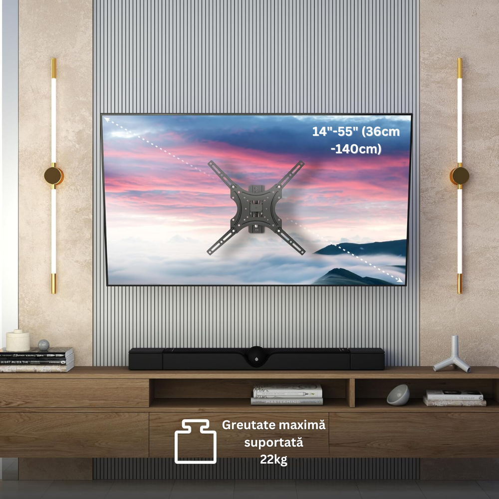 Suport TV de Perete cu Brat, Reglabil Vertical, Orizontal, pentru Monitoare LED, LCD, PC, Plasma, Aplicare Universala, Incluse Elemente de Montare, 22kg, 14"-55" (36cm-140cm), Negru