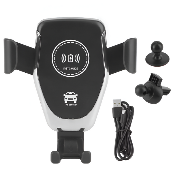 Suport Auto pentru Telefon, cu Incarcare Wireless, Fixare in Grila de Ventilatie, Lipire pe Bord, Universal, Prindere Sigura, Rotire 360⁰, Cablu USB Inclus, Negru