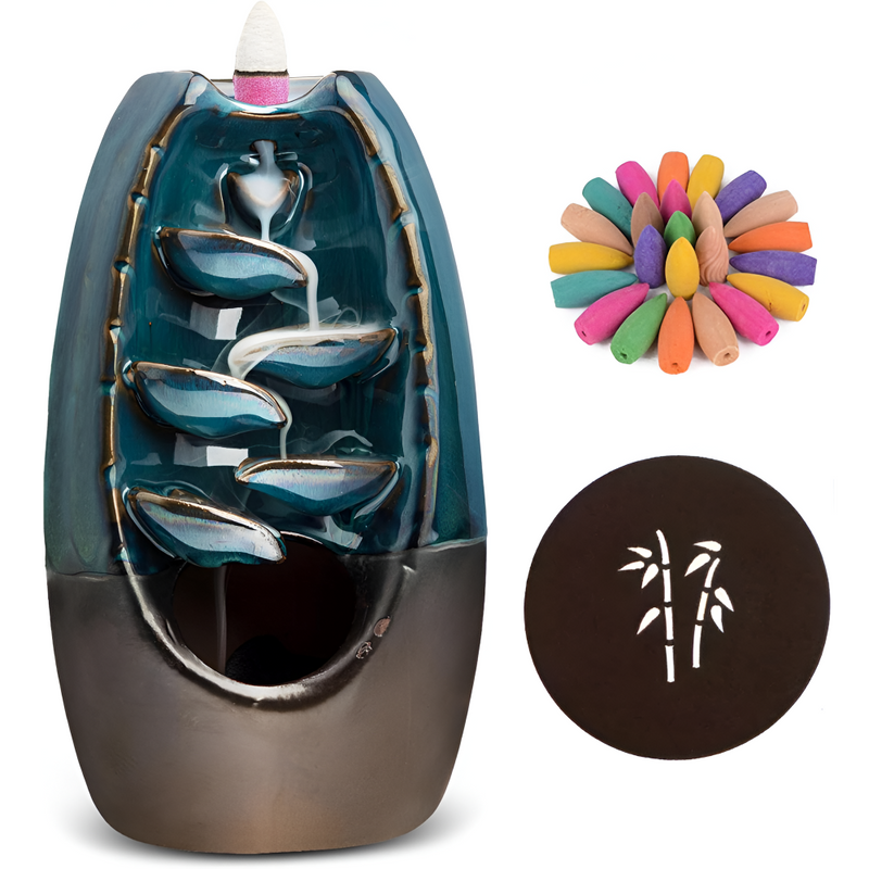 Suport pentru Conuri cu Efect Cascada de Gheata Calda, Aromaterapie, 5 Trepte, Ceramica si Lemn, Efect de Relaxare, Imbunatateste Calitatea Somnului, 55 Conuri Colorate Incluse, Multicolor
