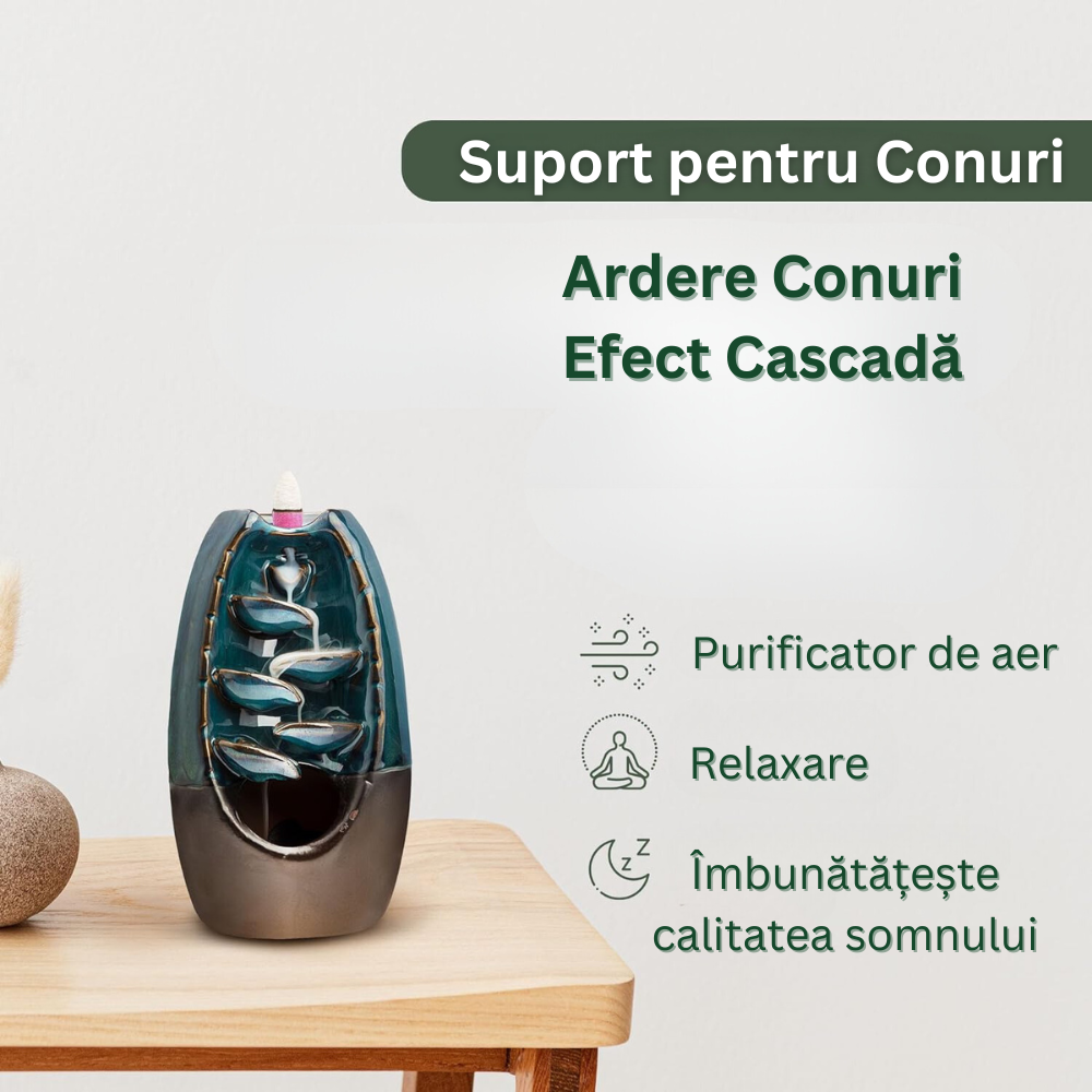 Suport pentru Conuri cu Efect Cascada de Gheata Calda, Aromaterapie, 5 Trepte, Ceramica si Lemn, Efect de Relaxare, Imbunatateste Calitatea Somnului, 55 Conuri Colorate Incluse, Multicolor