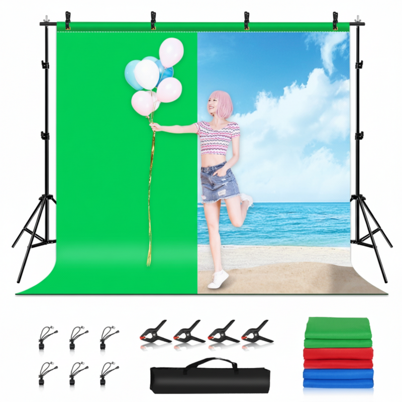 Suport pentru Fundal Foto Portabil, 3 x Fundal, 4 x Cleme, Pliabil, Design Elegant, Usor de Instalat, potrivit pentru Studio Foto Video, Geanta de Transport Inclusa, 2m x 2m, Multicolor