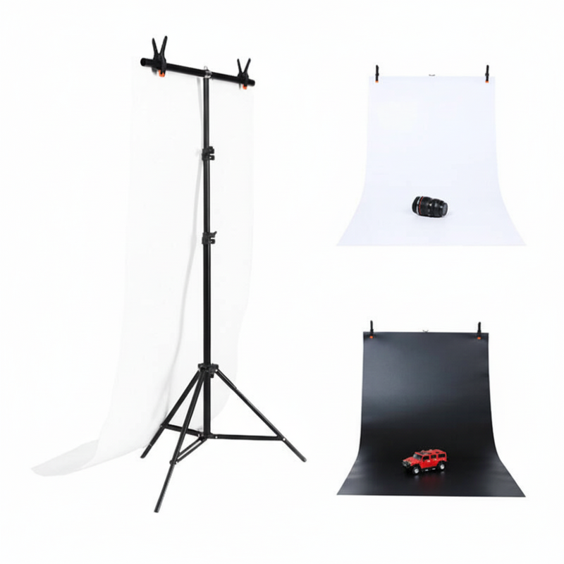 Suport pentru Fundal Foto Portabil, Reglabil de la 70 la 200 cm Inaltime, 2 x Fundal, 2 x Cleme, Pliabil, Design Elegant, Usor de Instalat, potrivit pentru Studio Foto Video, din Metal, Negru/Alb