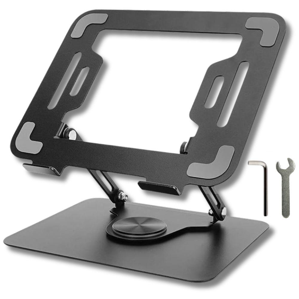Suport pentru Laptop, Stand Reglabil pe Inaltime, Baza Rotativa 360°, Anti-Alunecare, Disiparea Caldurii, Portabil, Pliabil, Compatibil cu Toate Laptopurile 10-16'', din Metal, Cheie si Imbus Inclus, Negru