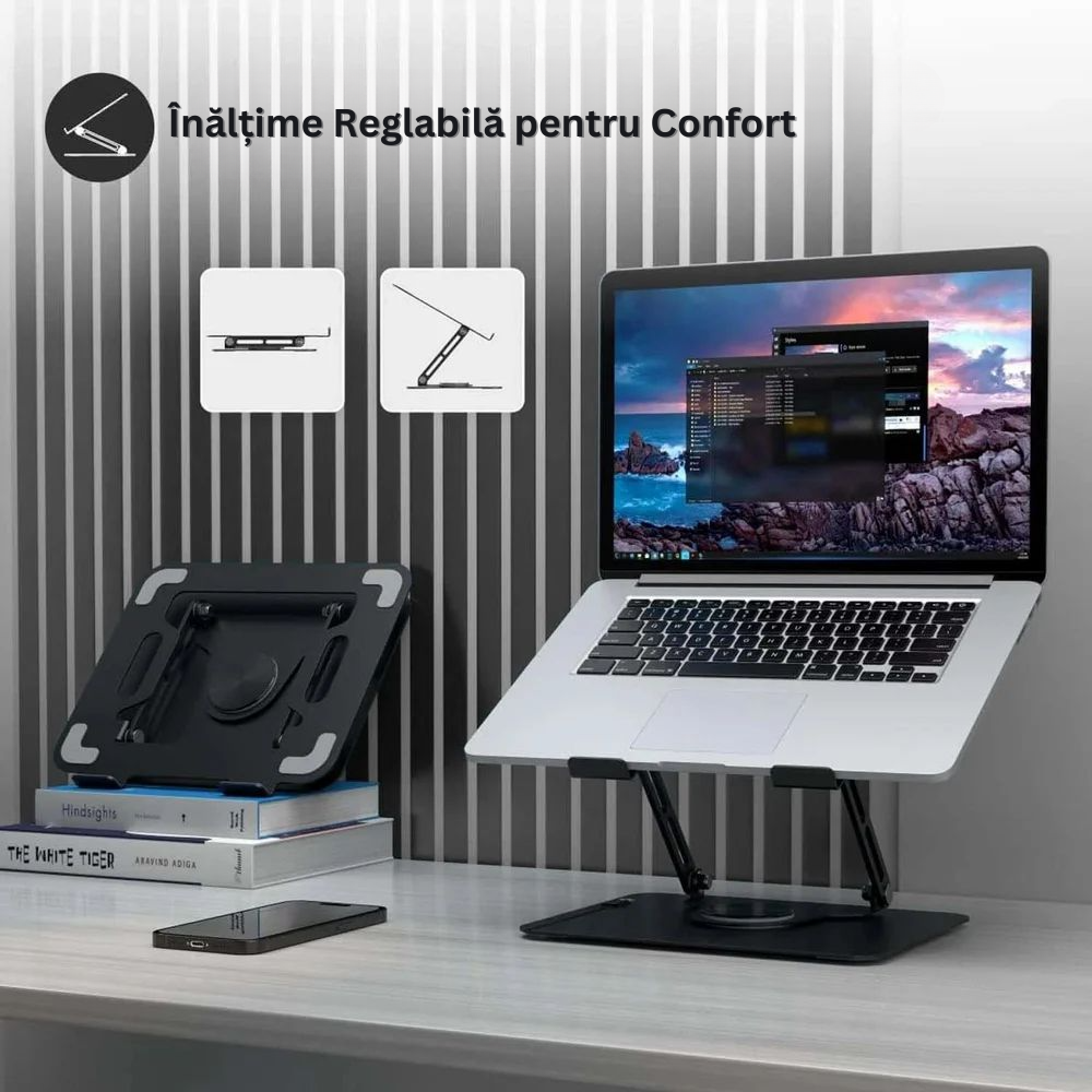 Suport pentru Laptop, Stand Reglabil pe Inaltime, Baza Rotativa 360°, Anti-Alunecare, Disiparea Caldurii, Portabil, Pliabil, Compatibil cu Toate Laptopurile 10-16'', din Metal, Cheie si Imbus Inclus, Negru