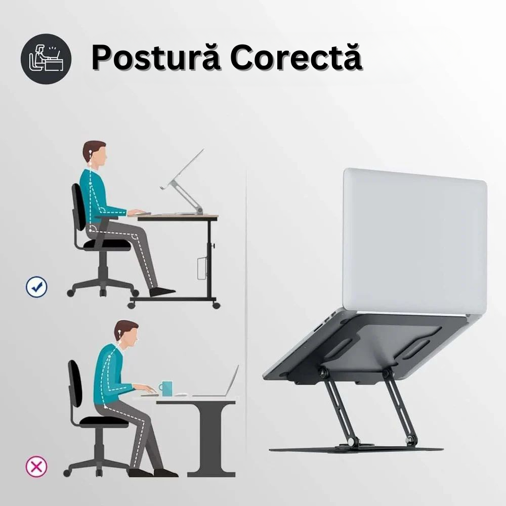 Suport pentru Laptop, Stand Reglabil pe Inaltime, Baza Rotativa 360°, Anti-Alunecare, Disiparea Caldurii, Portabil, Pliabil, Compatibil cu Toate Laptopurile 10-16'', din Metal, Cheie si Imbus Inclus, Negru