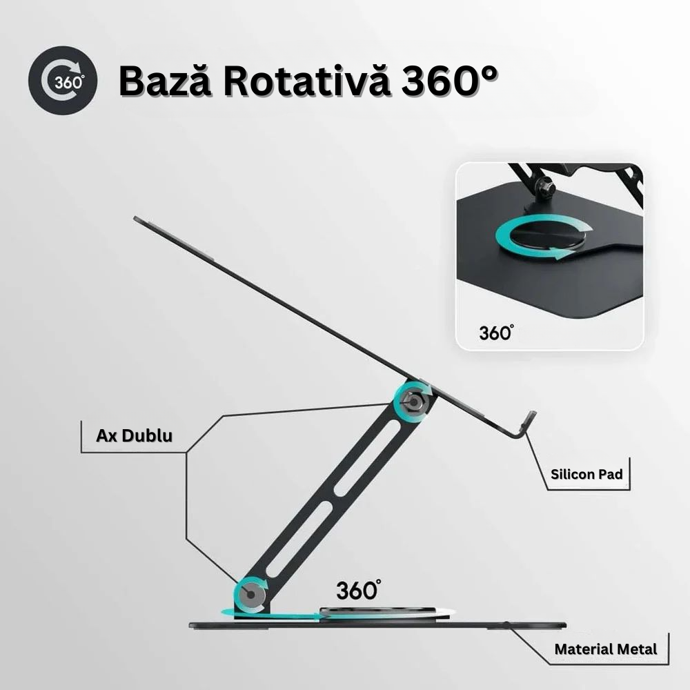 Suport pentru Laptop, Stand Reglabil pe Inaltime, Baza Rotativa 360°, Anti-Alunecare, Disiparea Caldurii, Portabil, Pliabil, Compatibil cu Toate Laptopurile 10-16'', din Metal, Cheie si Imbus Inclus, Negru