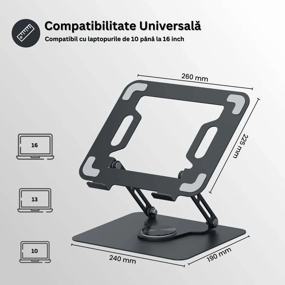 Suport pentru Laptop, Stand Reglabil pe Inaltime, Baza Rotativa 360°, Anti-Alunecare, Disiparea Caldurii, Portabil, Pliabil, Compatibil cu Toate Laptopurile 10-16'', din Metal, Cheie si Imbus Inclus, Negru