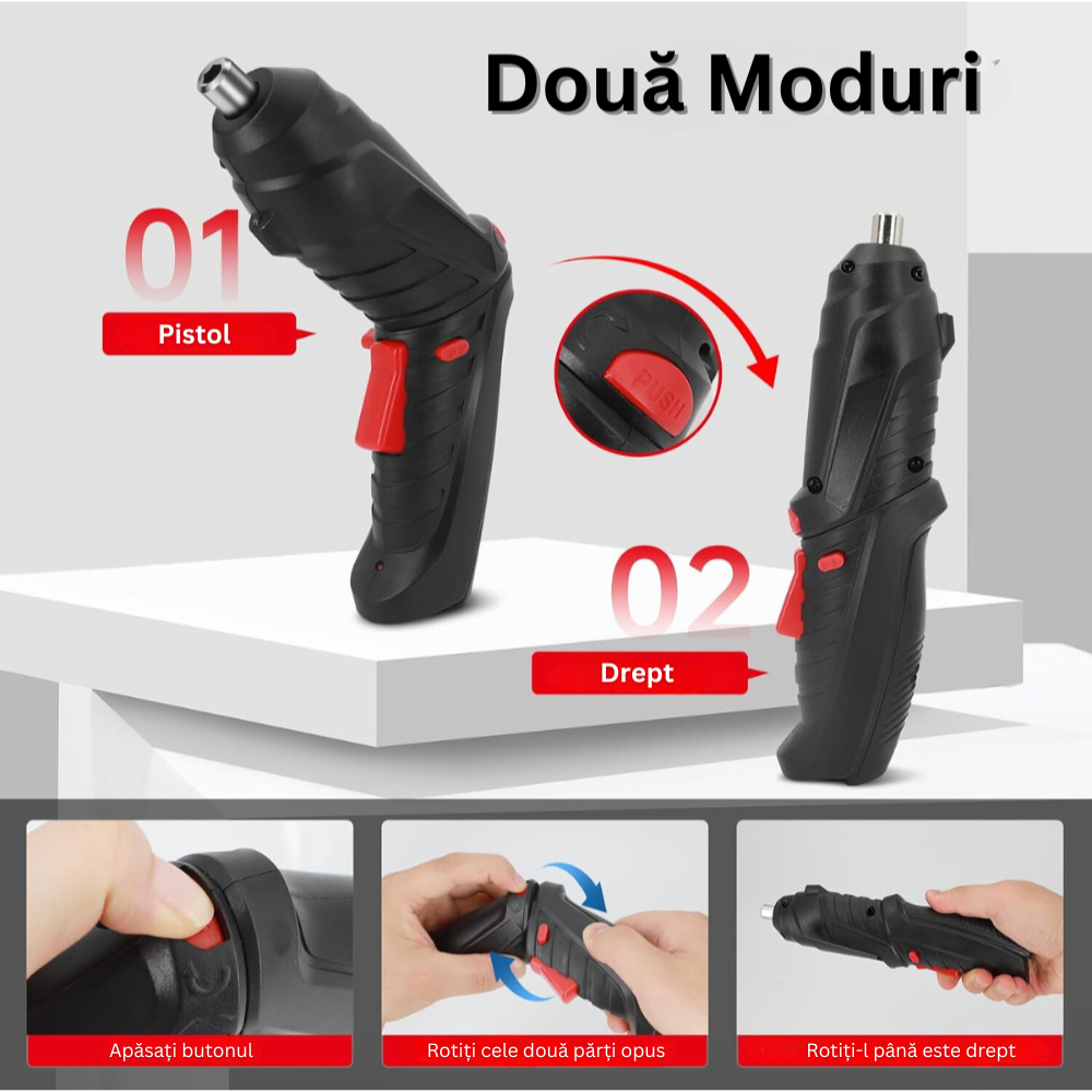 Surubelnita Electrica Fara Fir, cu Lumina LED, 2 Moduri de Functionare, pentru Insurubare si Desurubare, 1800mAh, 250 RPM, Cablu USB Inclus, Negru/Rosu