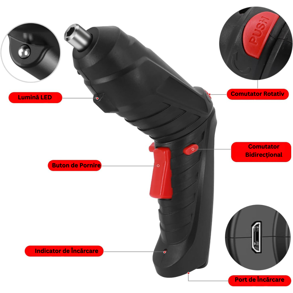 Surubelnita Electrica Fara Fir, cu Lumina LED, 2 Moduri de Functionare, pentru Insurubare si Desurubare, 1800mAh, 250 RPM, Cablu USB Inclus, Negru/Rosu