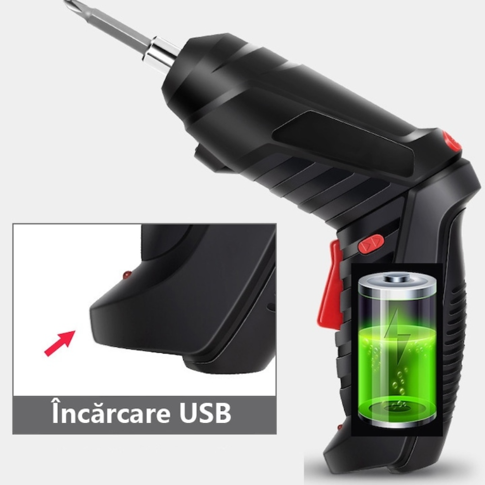 Surubelnita Electrica Fara Fir, cu Lumina LED, 2 Moduri de Functionare, pentru Insurubare si Desurubare, 1800mAh, 250 RPM, Cablu USB Inclus, Negru/Rosu