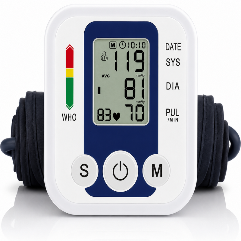 Tensiometru de Brat, Ecran LCD cu Caractere Mari, Masurare Tensiune Arteriala si Puls, Auto-Masurare, Detectare Puls Neregulat, Memorie pentru Ultima Valoare Masurata, Oscilometric, Manseta Reglabila, Ceas, Portabil, Incarcare USB, Albastru/Alb
