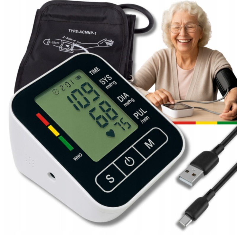 Tensiometru de Brat, Ecran LCD cu Caractere Mari, Masurare Tensiune Arteriala si Puls, Auto-Masurare, Detectare Puls Neregulat, Memorie pentru Ultima Valoare Masurata, Oscilometric, Manseta Reglabila, Ceas, Portabil, Incarcare USB, Negru/Alb
