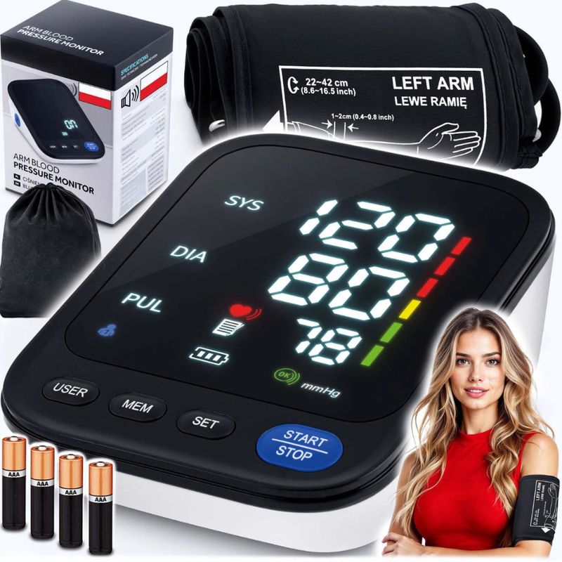 Tensiometru de Brat, Ecran LCD cu Caractere Mari, Masurare Tensiune Arteriala si Puls, Auto-Masurare, Detectare Puls Neregulat, Memorie pentru Ultima Valoare Masurata, Oscilometric, Manseta Reglabila, Portabil, Saculet Transport, Baterii