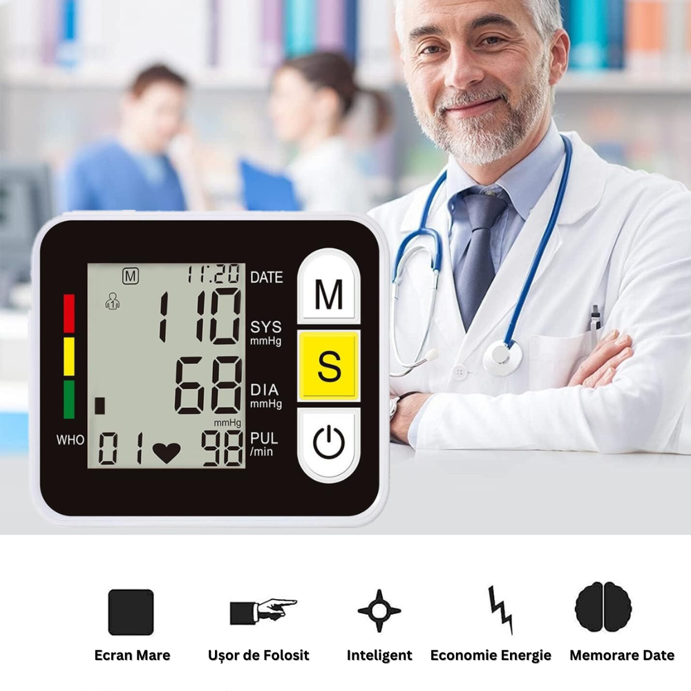 Tensiometru de Incheietura, Afisaj LED cu Caractere Mari, Auto-Masurare, Detectare Puls Neregulat, Validat Clinic, Oscilometric, Memorie pentru Ultima Valoare Masurata, Manseta Reglabila, Portabil, Carcasa de Protectie Inclusa, Multicolor