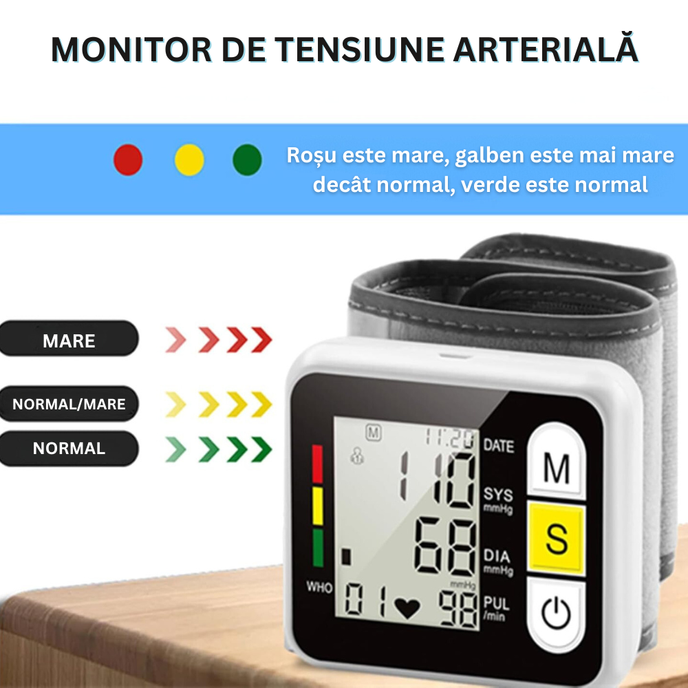 Tensiometru de Incheietura, Afisaj LED cu Caractere Mari, Auto-Masurare, Detectare Puls Neregulat, Validat Clinic, Oscilometric, Memorie pentru Ultima Valoare Masurata, Manseta Reglabila, Portabil, Carcasa de Protectie Inclusa, Multicolor