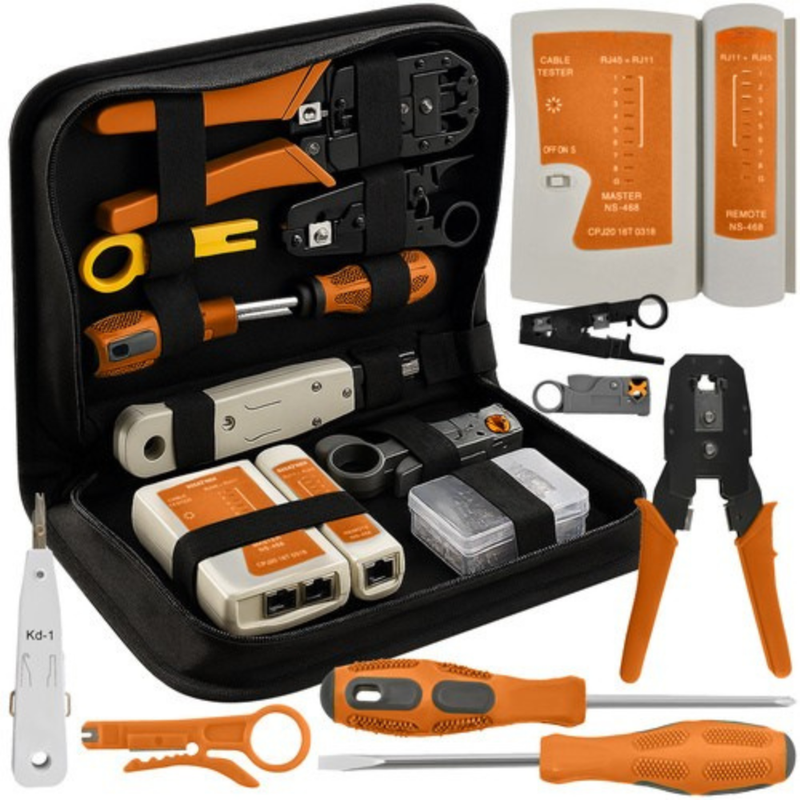 Tester de Cabluri RJ45/RJ11, 18 Piese, 10 Conectori RJ45, Dezizolator Universal si Coaxial, Surubelnite, Unealta Insertie Krone, Cleste Sertizare, Taiere si Dezizolare, Portabil, Geanta de Transport Inclusa, Multicolor