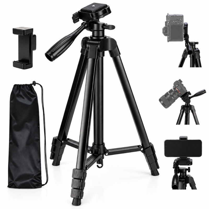 Trepied Foto Telescopic Profesional, Reglabil 42-146cm, Rotire 360°, Placa de Eliberare Rapida, pentru Camera Foto/Telefon, din Aluminiu, Pliabil, Suport, Geanta de Transport Incluse, Negru