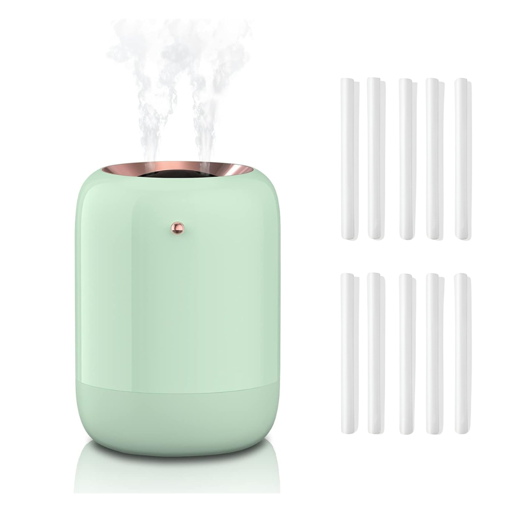 Umidificator de Aer Ultrasonic, cu Difuzor Aromaterapie, Afisaj LED, Sterilizare UV, Pulverizare Dubla, Portabil, pentru Casa, Birou si Masina, 1L Capacitate, 10 Filtre Incluse, Verde