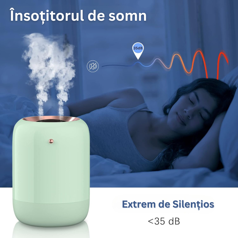 Umidificator de Aer Ultrasonic, cu Difuzor Aromaterapie, Afisaj LED, Sterilizare UV, Pulverizare Dubla, Portabil, pentru Casa, Birou si Masina, 1L Capacitate, 10 Filtre Incluse, Verde