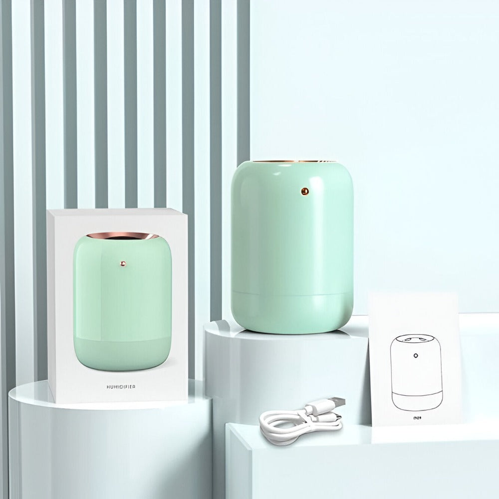 Umidificator de Aer Ultrasonic, cu Difuzor Aromaterapie, Afisaj LED, Sterilizare UV, Pulverizare Dubla, Portabil, pentru Casa, Birou si Masina, 1L Capacitate, 10 Filtre Incluse, Verde