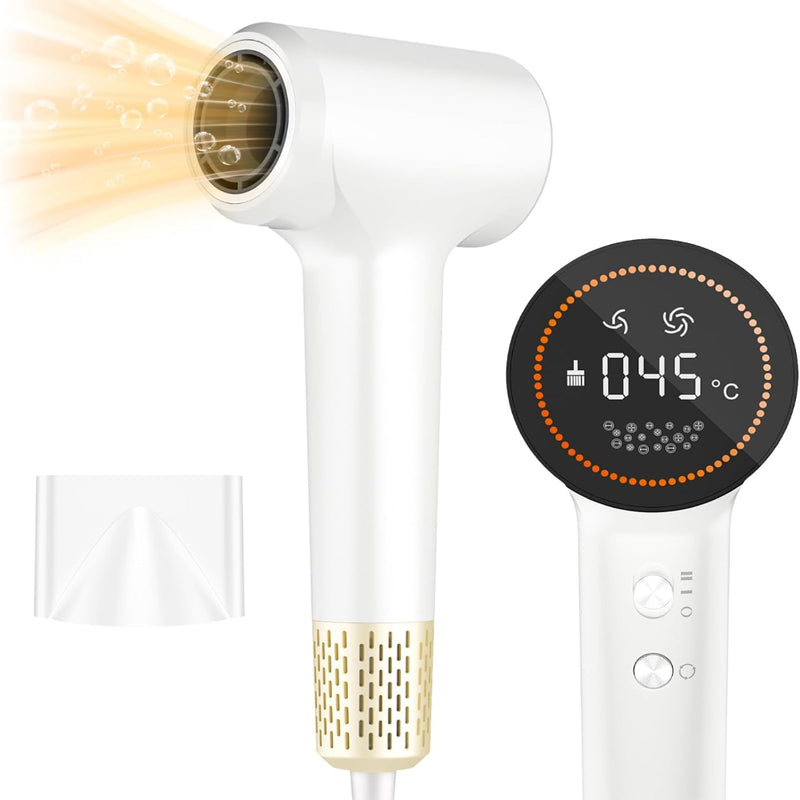 Uscator de Par Profesional, Ecran LCD, 4 Trepte de Temperatura, 2 Trepte de Viteza, Uscare Rapida, 110.000 RPM, Lumini Led, Tehnologie cu Plasma, Ioni Negativi Feon, Mod Curatare, Silentios, Duza Magnetica, 1500W, Alb