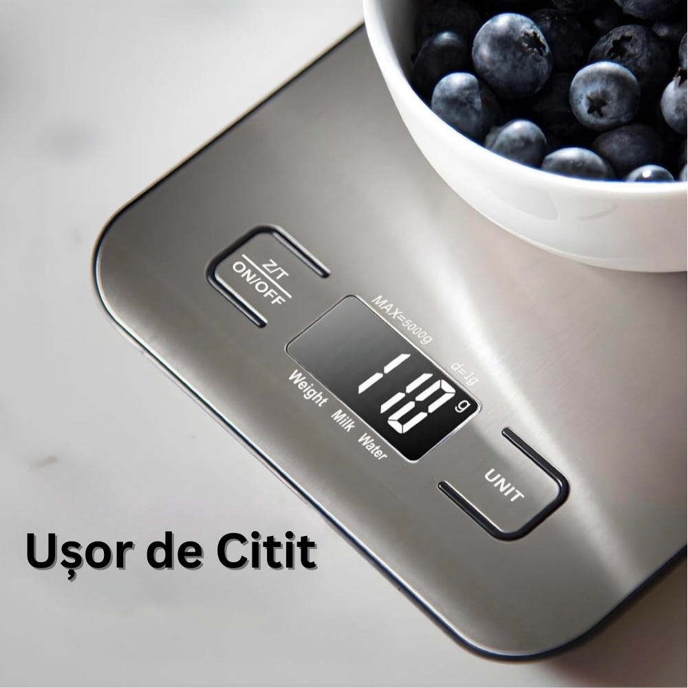 Cantar de Bucatarie Inteligent, Control prin Aplicatie IOS/Android, Indici Nutritionali, Calculator Calorii, Alimentatie Sanatoasa, Ecran LCD, Oprire Automata, Precizie 1g, Max. 5 KG, 2 Baterii Incluse, Argintiu