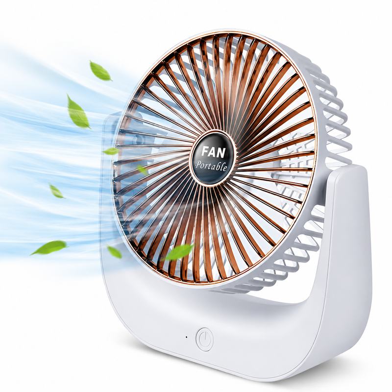 Ventilator Portabil Birou, 3 Trepte Viteza, USB, Silentios, Inclinare 90°, Autonomie 6 Ore, Baterie 2500mAh, 4.5W, Alb/Auriu