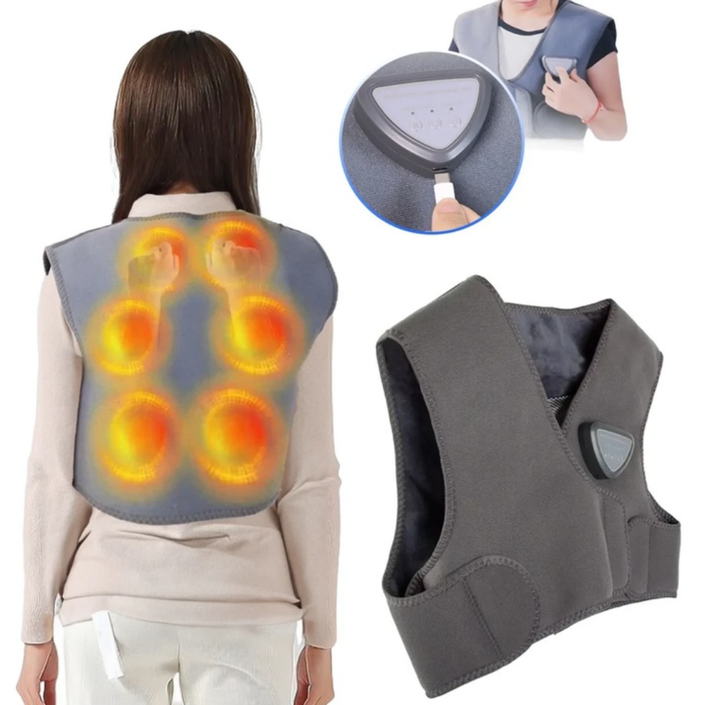 Vesta Electrica cu Incalzire, 3 Nivele de Temperatura, 3 Moduri de Masaj, pentru Umeri, Spate, Dureri Musculare, Articulare, Masaj Relaxant, Reglabila cu Velcro, Protectie la Supraincalzire, Moale si Placuta la Atingere, Alimentare USB, Gri