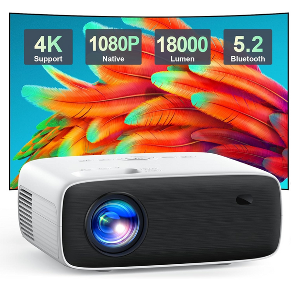Videoproiector 1080P Full HD, Bluetooth 5.2, 18000 Lumeni, Suporta 4K, Rezolutie 1920 x 1080, LCD, LED, HDMI, AV, USB, Audio, MicroSD, Difuzoare Duble, Contrast 10.000:1, Portabil, Telecomanda Inclusa, Alb/Negru