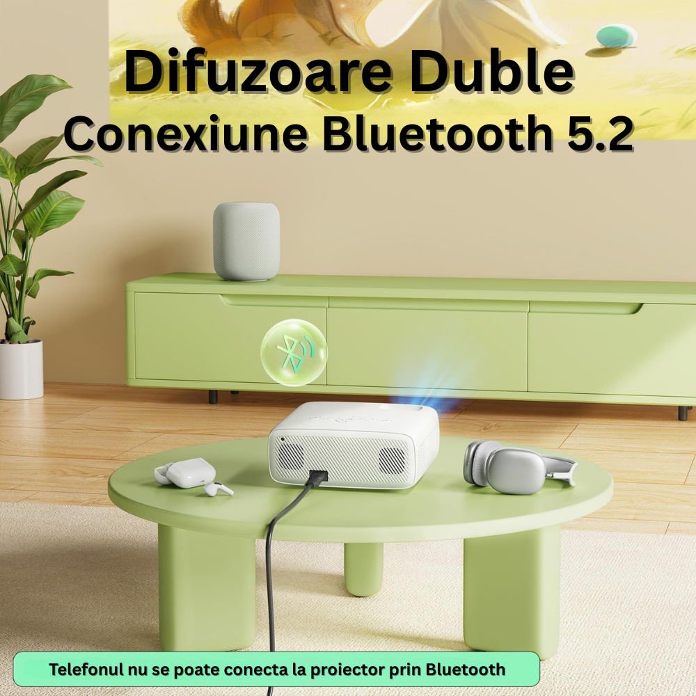 Videoproiector 1080P Full HD, Bluetooth 5.2, 18000 Lumeni, Suporta 4K, Rezolutie 1920 x 1080, LCD, LED, HDMI, AV, USB, Audio, MicroSD, Difuzoare Duble, Contrast 10.000:1, Portabil, Telecomanda Inclusa, Alb/Negru